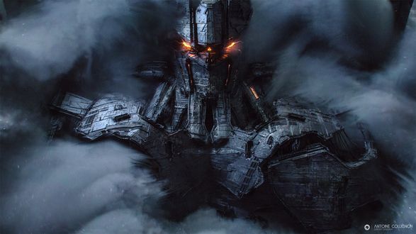 Обои на рабочий стол Огромный киборг с огненными глазами в тумане, by Antoine Collignon