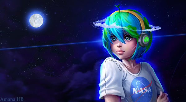 Обои на рабочий стол Земля в образе девушки в наушниках и майке (Nasa) на фоне космоса и полной луны, by Amana-HB