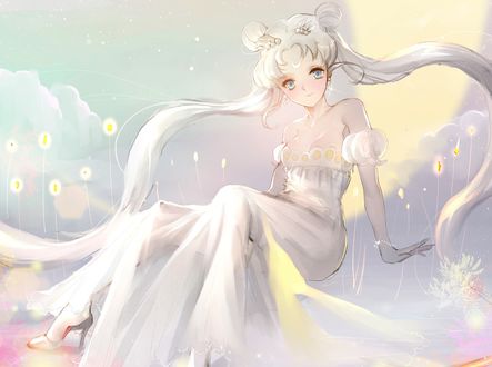 Обои на рабочий стол Сейлор Мун / Sailor Moon в свадебном платье сидит на фоне неба из аниме Красавица-воин Сейлор Мун / Bishoujo Senshi Sailor Moon