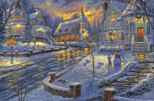 Обои на рабочий стол Деревня зимой вечером в рождество by Thomas Kinkade