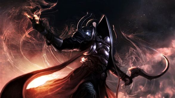 Обои на рабочий стол Ангел смерти Малтаэль / Malthael из компьютерной игры Diablo 3 источает магический свет, держа в руке фантастический серп