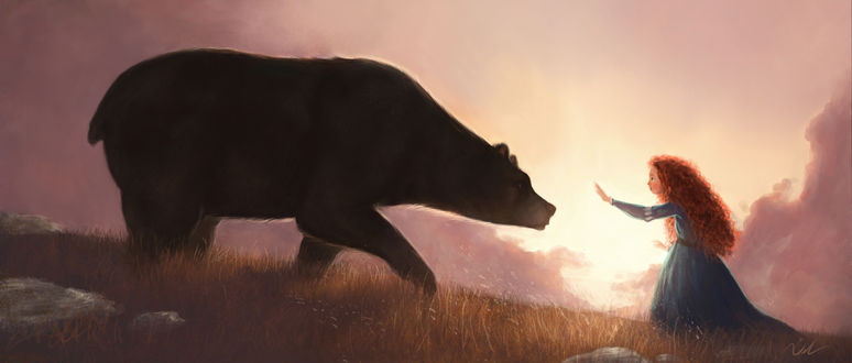 Обои на рабочий стол Merida / Мерида из мультфильма Храбрая сердцем / Brave стоит перед медведем, by maxbat