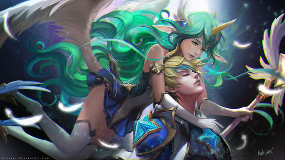 Обои на рабочий стол Soraka / Сорака и Ezreal / Эзреаль из игры League of Legends / Лига Легенд, by mikurei26