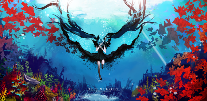 Обои на рабочий стол Vocaloid Miku Hatsune / Вокалоид Мику Хацунэ под водой среди рыб и водной растительности (Deep sea girl / Глубоководная девушка), by Arcan-Anzas