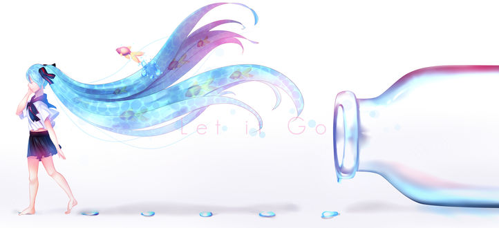 Обои на рабочий стол Vocaloid Miku Hatsune / Вокалоид Мику Хацунэ с рыбками в волосах идет от бутылки оставляя водяные следы на белом фоне (Let it go / Отпусти это), by sowelunee