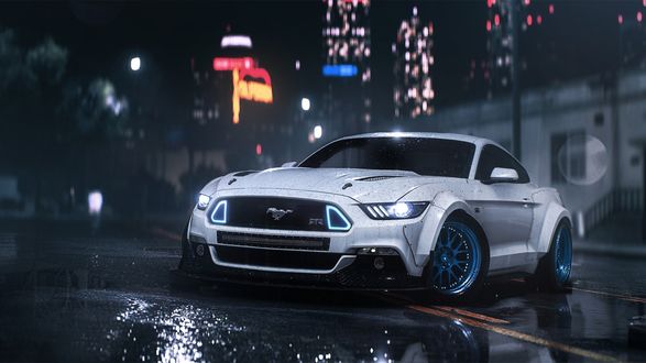 Обои на рабочий стол Ford Mustang / Форд Мустанг стоит в городе под дождем, из игры Need for Speed: Payback / Жажда скорости: Расплата