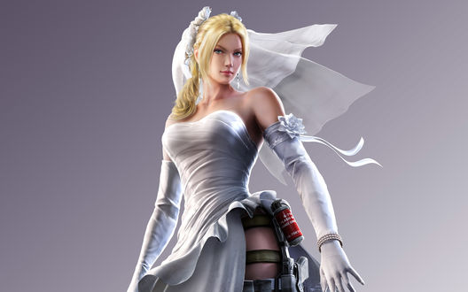 Обои на рабочий стол Nina Williams / Нина Уильямс свадебном платье и оружии на бедре, из игры Street Fighter X Tekken / Уличный Боец Х Теккен