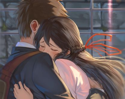 Обои на рабочий стол Таки Тачибана / Taki Tachibana и Мицуха Миямизу / Mitsuha Miyamizu крепко обнимаются из аниме Твое имя / Kimi no Na wa