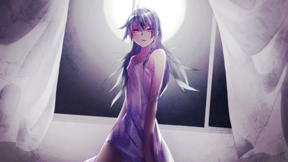 Обои на рабочий стол Вокалоид Гуми / Vocaloid GUMI в сорочке смотрит вперед на фоне открытого окна и полной луны, автор Takka / aegis9294