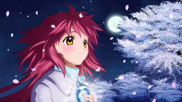 Обои на рабочий стол Кобато Ханато / Hanato Kobato из аниме и манги Кобато / Kobato, держит волшебную бутылочку с конфетами на фоне полной луны и деревьев сакуры, автор Yamabiou-Eve
