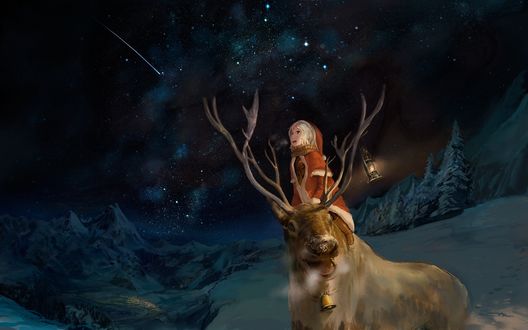 Обои на рабочий стол Девушка, в костюме Санта Клауса / Santa Claus, сидит на олене, на роге которого висит фонарь на фоне гор и звездного неба