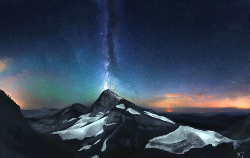 Обои для рабочего стола Звездное небо над горами и вулканом, by Sp0xs