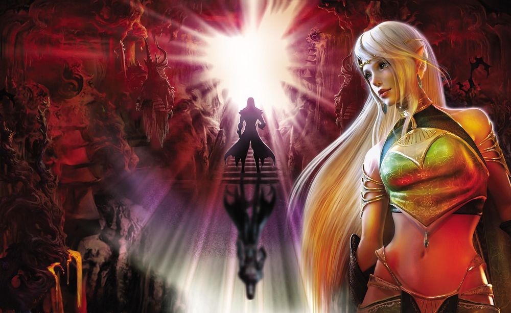 Обои для рабочего стола Девушка-эльфийка в мистической пещере, на лестнице которой стоит мужской силуэт в плаще, из игры Kingdom Under Fire: Circle of Doom / Королевство под огнем: круг судьбы