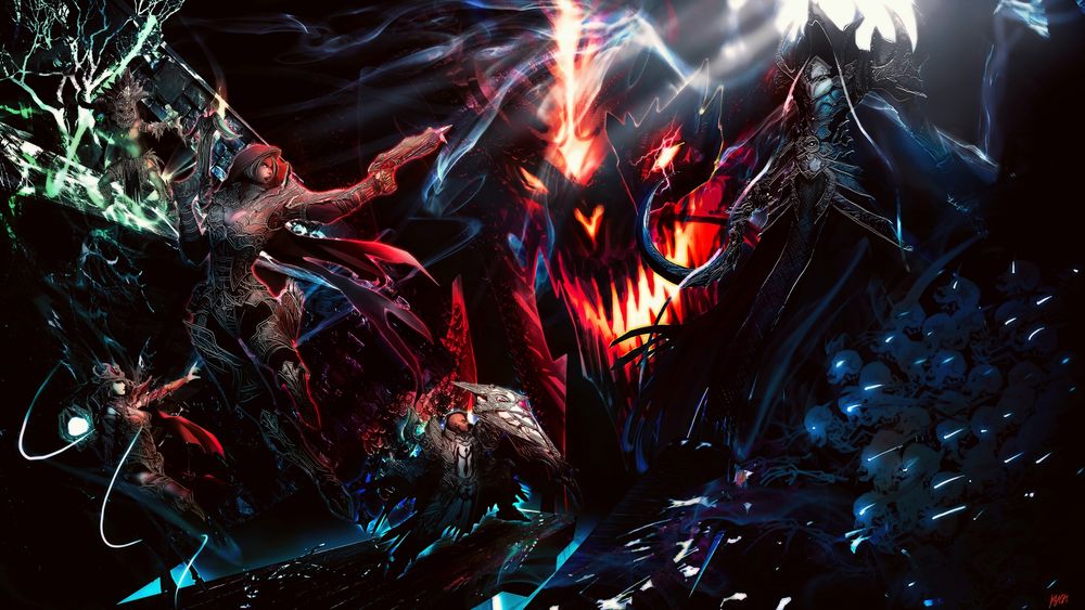 Обои для рабочего стола Битва героев игры Diablo III с монстрами
