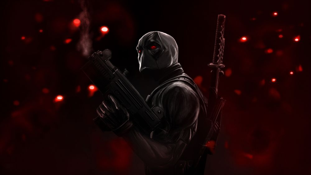 Обои для рабочего стола Deadpool / Дэдпул из одноименной игры на фоне боке с огненными бликами