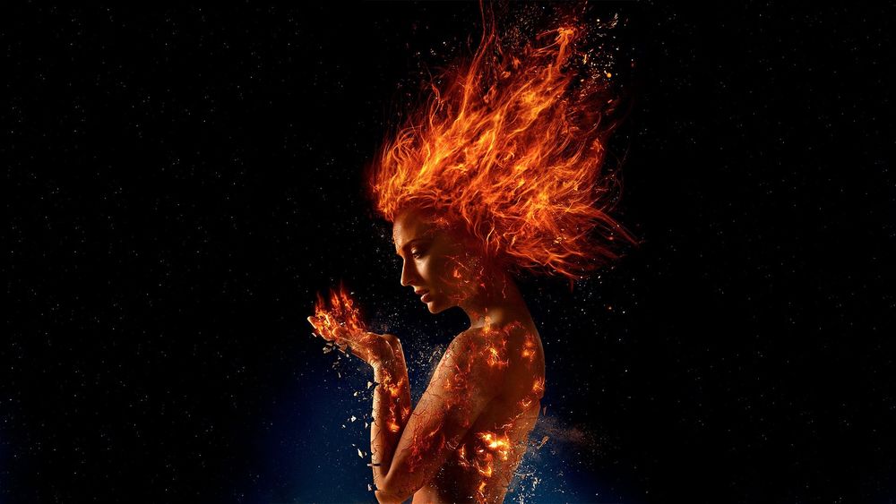 Обои для рабочего стола Актриса Sophie Turner / Софи Тернер в образ Jean Grey-Dark Phoenix / Джины Грей-Темный Феникс изнутри пылающая огнем, из фильма X-Men: Dark Phoenix / Люди Икс: Темный Феникс