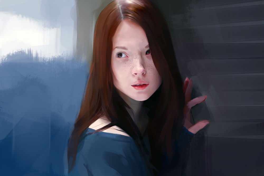 Обои для рабочего стола Рыжеволосая девушка с веснушками, by alexart911