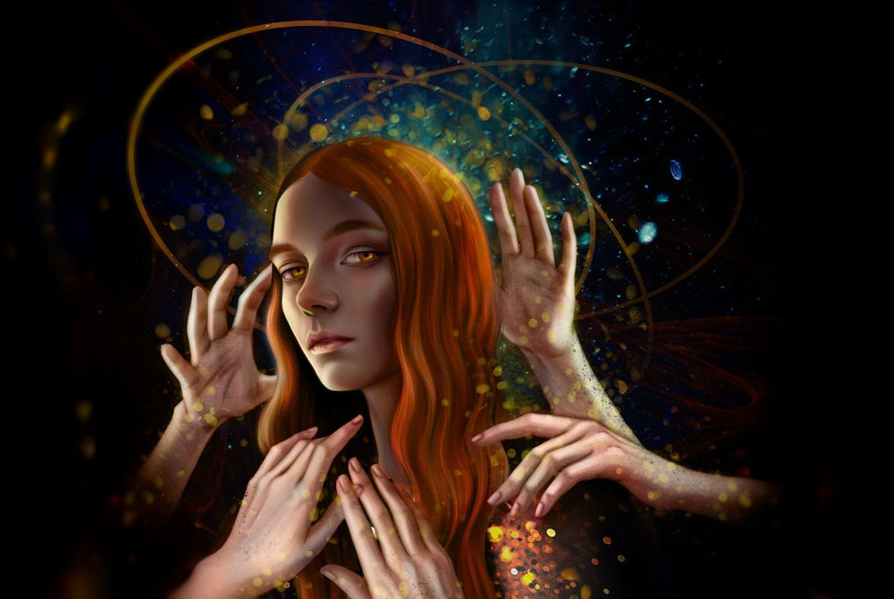 Обои для рабочего стола К рыжеволосой девушке тянутся руки, by Salome Totladze