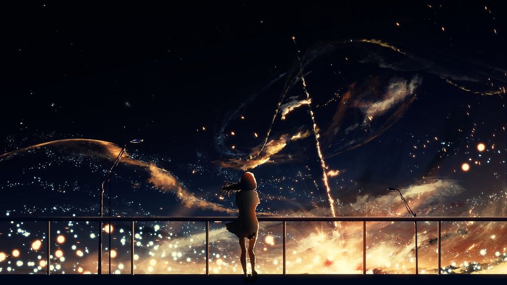 Обои для рабочего стола Девочка смотрит на ночное небо, by Y_Y