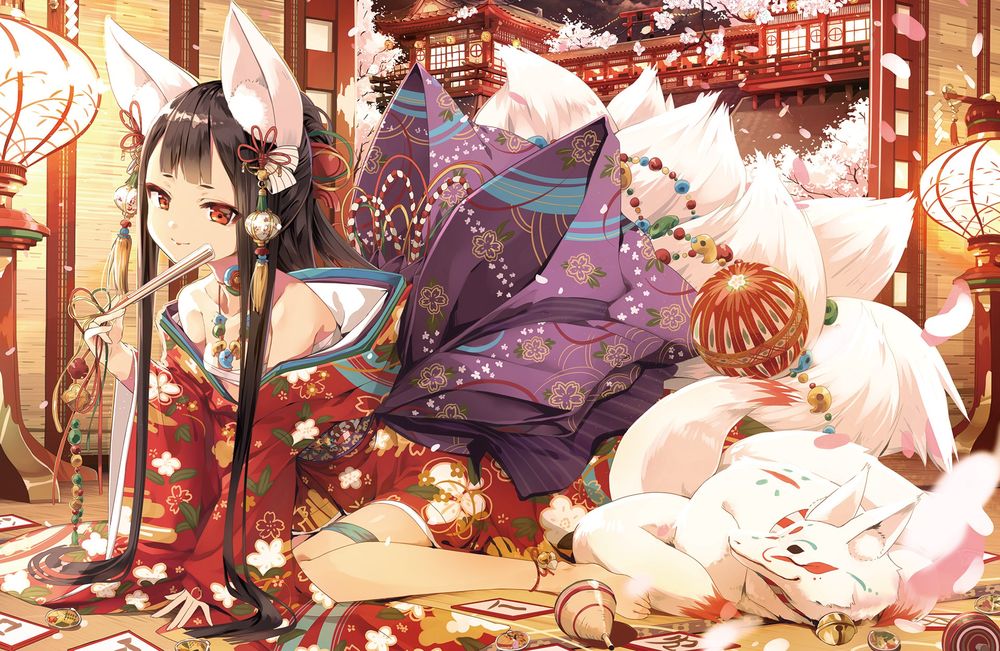Обои для рабочего стола Многохвостая FoxGirl / девочка-лиса в кимоно и маленький лисенок сидят в комнате, из окна виден японский храм среди цветущей сакуры