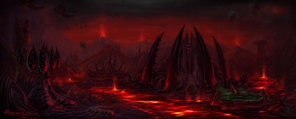 Обои для рабочего стола Горящий ад с вулканами и небом в огне by Peter Lee