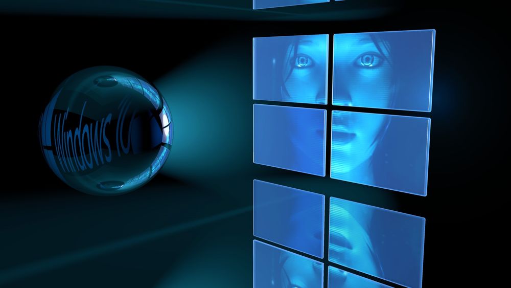 Обои для рабочего стола Логотип OC Windows с лицом девушки и в отражении на металлическом шаре (Windows 10)