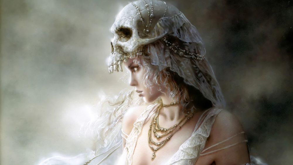 Обои для рабочего стола Девушка в головном уборе в виде черепа - работа Luis Royo