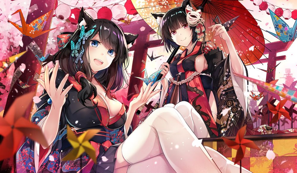 Обои для рабочего стола Две neko girls в кимоно среди бумажных журавликов, вертушек и фонариков у красных ворот торий, by Azur Lane