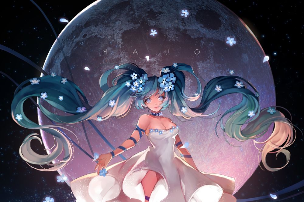 Обои для рабочего стола Vocaloid Hatsune Miku / Вокалоид Хатсунэ Мику стоит на фоне полной луны