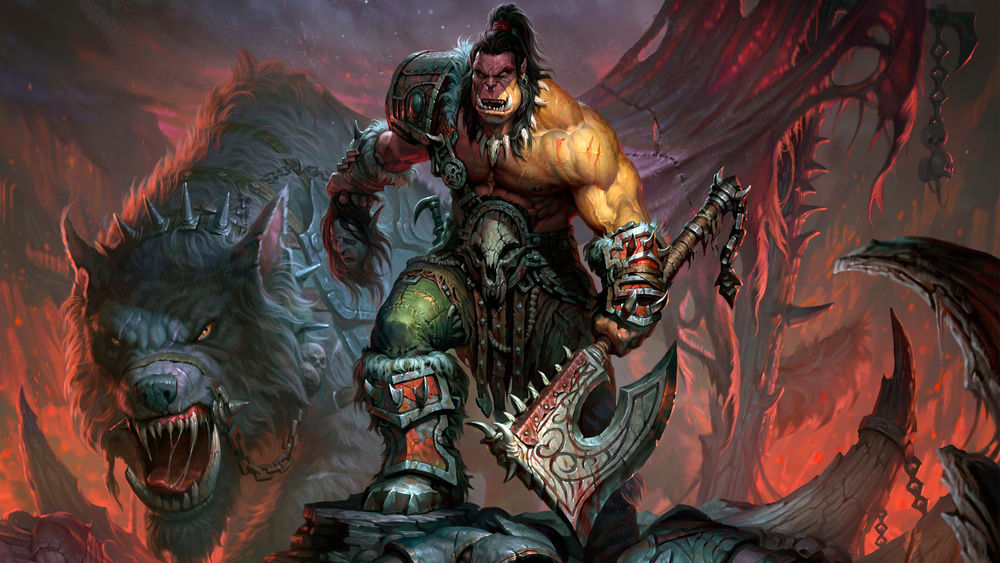 Обои для рабочего стола Орк-воин с топором и скальпом в руках стоит с волком-монстром на фоне пожарища, из игры World of Warcraft / Мир военного ремесла