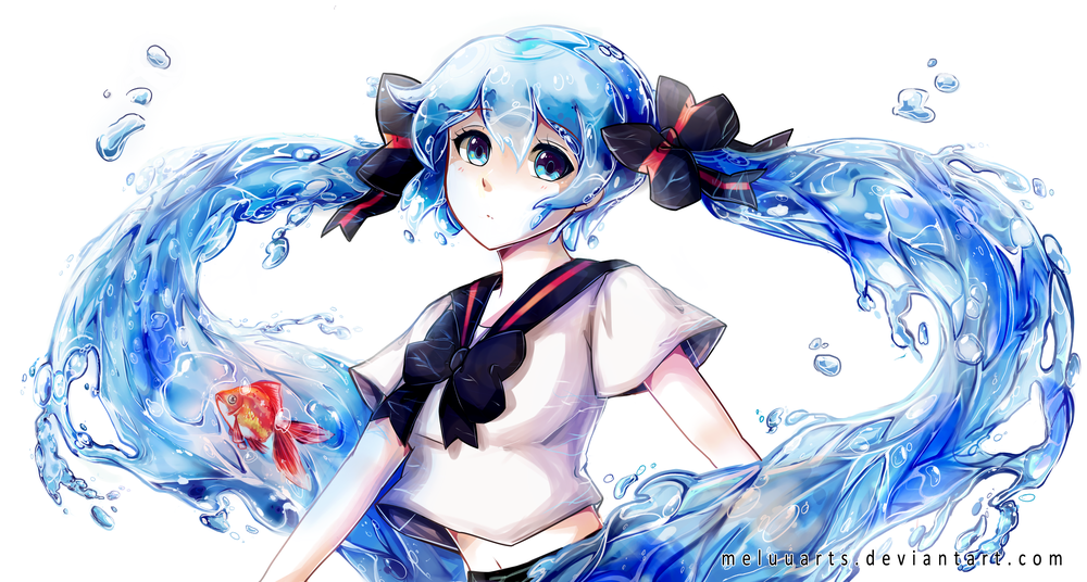 Обои для рабочего стола Vocaloid Miku Hatsune / Вокалоид Мику Хацунэ с рыбками в водных волосах, by MeluuArts