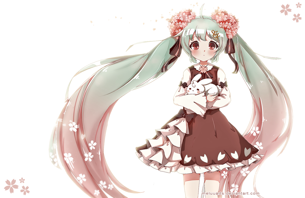 Обои для рабочего стола Vocaloid Miku Hatsune / Вокалоид Мику Хацунэ с белым кроликом, by MeluuArts