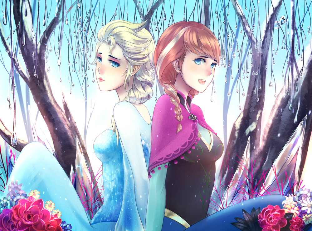 Обои для рабочего стола Anna / Анна и Elsa / Эльза из мультфильма Frozen / Холодное сердце в стиле аниме, by ragecndy