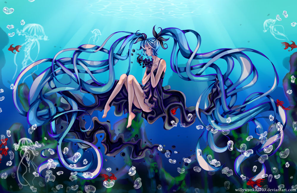 Обои для рабочего стола Vocaloid Miku Hatsune / Вокалоид Мику Хацунэ под водой среди рыб и медуз, by WillyWonka2703