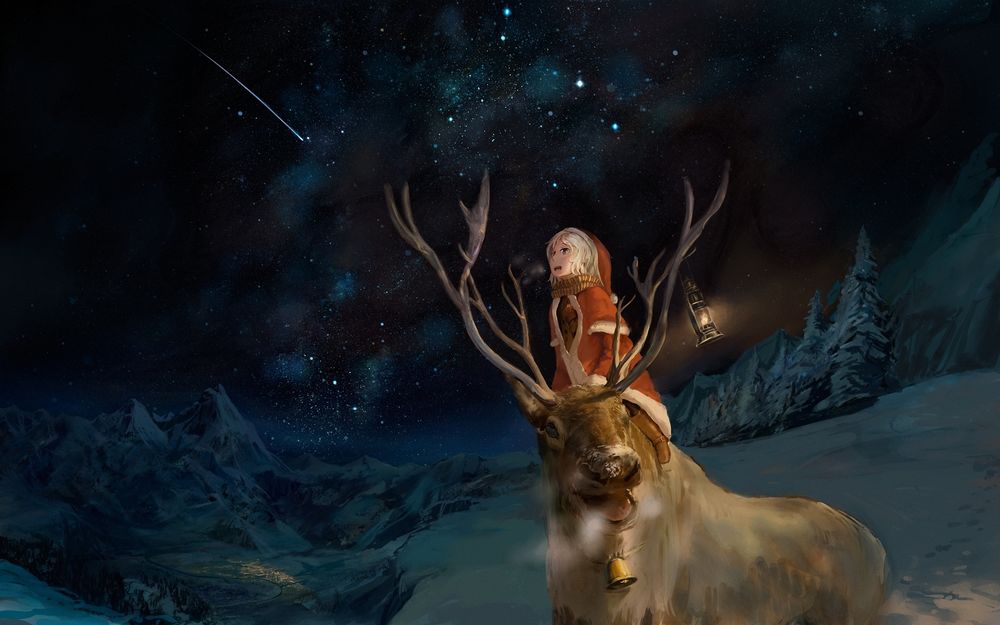 Обои для рабочего стола Девушка, в костюме Санта Клауса / Santa Claus, сидит на олене, на роге которого висит фонарь на фоне гор и звездного неба