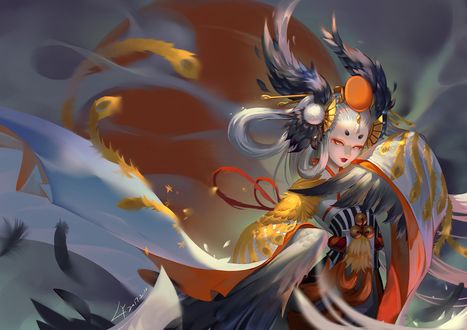 Обои на рабочий стол Танцующая японская жрица-гейша, art by Onmyouji Miko