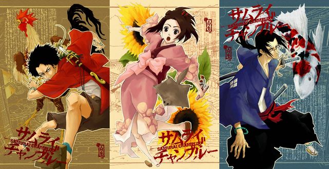 Обои на рабочий стол Jin, Fuu и Mugen из аниме Samurai Champloo / Самурай Чамплу, art by Kazuto Nakazawa