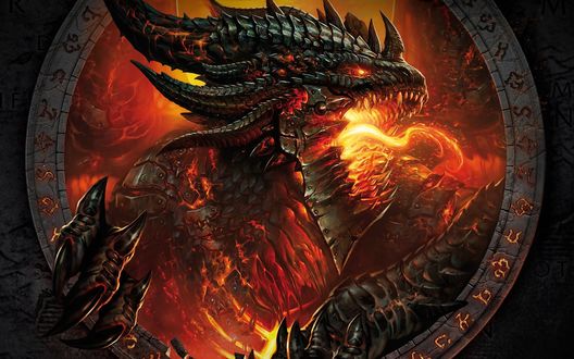Обои на рабочий стол Огнедышащий дракон в пламени, из игры World of Warcraft / Мир военного ремесла