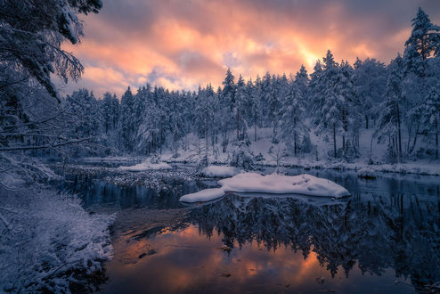 Обои на рабочий стол Зима на озере Ringerike, Norway / Ringerike, Норвегия. Фотограф Ole Henrik Skjelstad