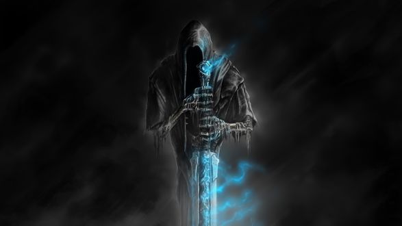 Обои на рабочий стол Демон с мечом, светящимся голубым пламенем, by Nazgul91