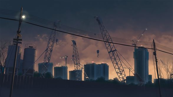 Обои на рабочий стол Башенные краны и дома под облачным небом, by mclelun