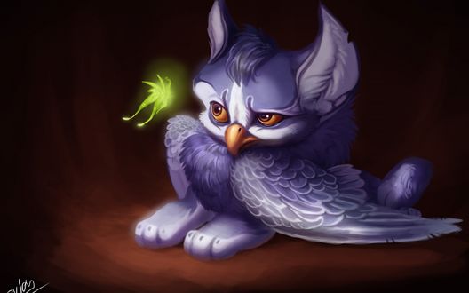 Обои на рабочий стол Грифон смотрит на маленькую зеленую фею, by TehChan