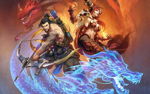 Обои на рабочий стол Персонажи игры Heroes of the Storm / Герои шторма Alexstrasza & Hanzo / Алекстраза и Ханзо на фоне двух драконов