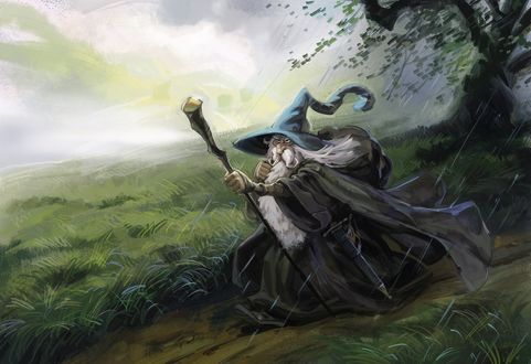 Обои на рабочий стол Сердитый Гэндальф / Gandalf с посохом - один из центральных персонажей Джона Р. Р. Толкина из романа Властелин Колец, идет по дороге, art by Enrique Rivera