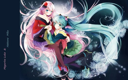 Обои на рабочий стол Vocaloid Hatsune Miku / Вокалоид Хатсуне Мику и Мегурин Люка / Megurine Luka в кимоно среди бабочек и роз