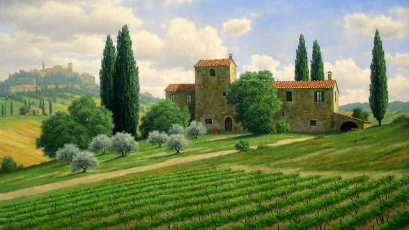 Обои на рабочий стол Усадьба на холме в Тоскане / Toscana, Италия / Italy, художник Mark Pettit