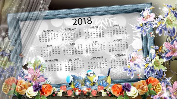 Обои на рабочий стол Календарь 2018 года на фоне цветочной композиции, птичек и бабочек