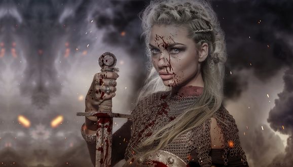 Обои на рабочий стол Девушка-воин с мечом, в крови, стоит на фоне дыма от пожарища, by Florencia Tucci
