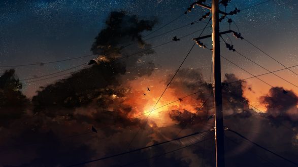 Обои на рабочий стол Телеграфный столб с линиями электропередач на фоне заката с птицами в небе, by Y_Y