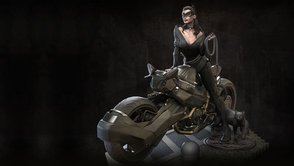 Обои на рабочий стол Женщина-кошка верхом на Batcycle с хлыстом в руке на черном фоне